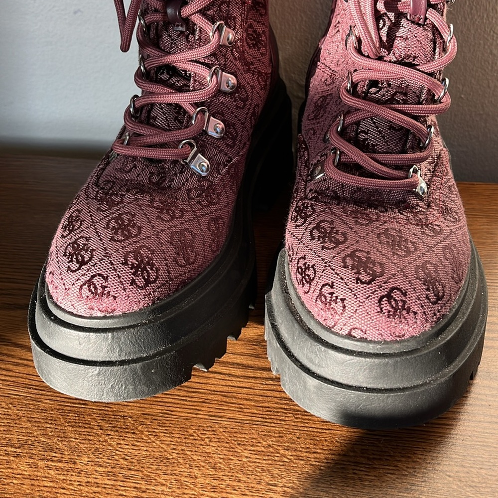 Guess Combat Boots Ankle Boots Lace-up Chunky Dark Red, Women’s Sz 7 - Picture 6 of 13